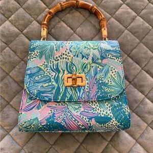 Lilly Pulitzer Blue and Pink Floral Satchel with Bamboo Handle